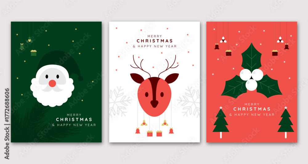 Fototapeta premium Set of three Merry christmas celebration trendy flat minimal creative banner and poster design vector illustration.