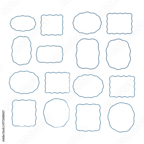 Abstract Decorative Border Shapes in Blue Outline on White Background