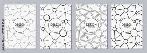 Set of flyers, posters, banners, placards, brochure design templates A6 size. Graphic design templates. Geometric lattice with lines and circles, molecules. Black and white vector backgrounds.