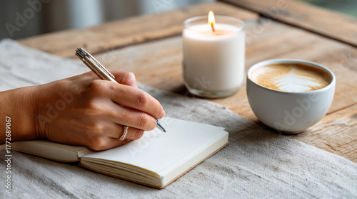 Female hand writing in notebook on linen table, coffee and candle nearby, cozy coaching brand scene, soft matte look