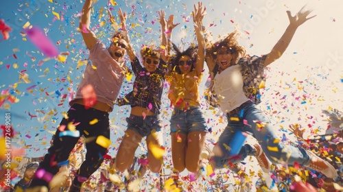 friends celebrating together, jumping in the air, colorful confetti, cheerful expressions, sunny day, dynamic composition, positive energy, vibrant