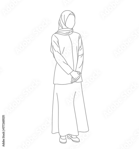 Minimalist line drawing vector of a woman wearing a hijab and modest attire scalable illustration vector