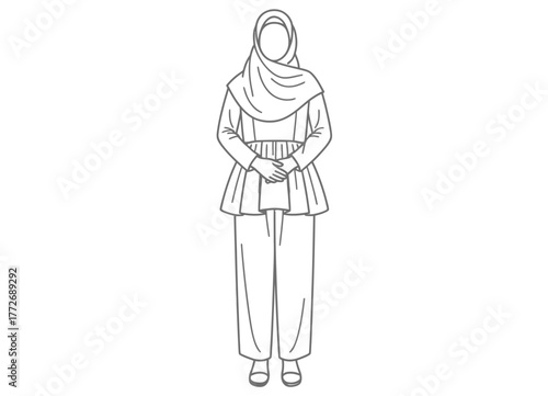 Simple black and white line drawing illustration of a woman wearing a hijab and traditional attire vector