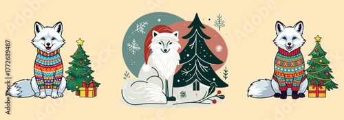 Charming arctic foxes embrace winter holidays with festive trees and cozy sweaters