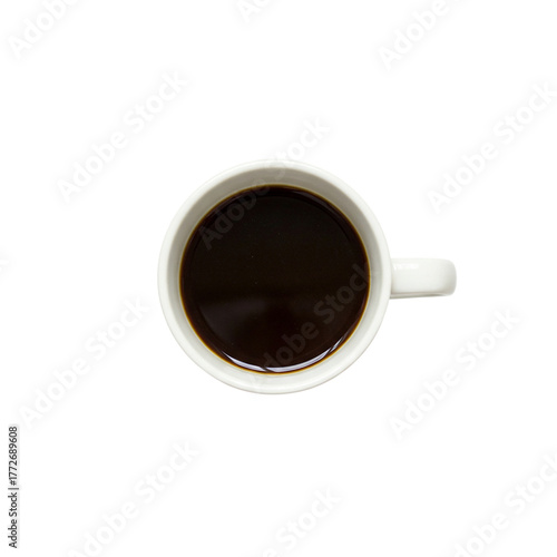 Coffee Mug Overhead View: Fresh Dark Brew on Black. Hot Beverage