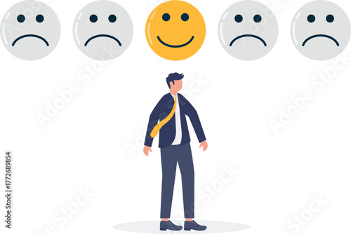 except for one happy emoticon retaining its original color, illustration of tendency in choosing a business partner
