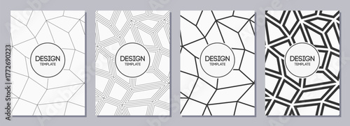 Set of flyer, posters, banners, placards, brochure design templates A6 size with low poly geometric tiles. Graphic design templates. Abstract vector black and white polygonal backgrounds.