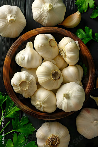 Fresh garlic bulb with peeled cloves 