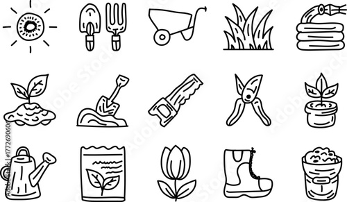 Hand Drawn Gardening Tools and Plant Care Outline Icon Set for Eco Garden Design