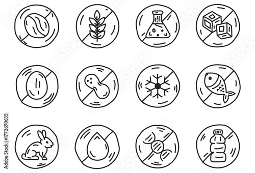 Hand Drawn Allergy Free Icons Collection Outline Set for Organic Product Labels and Packaging Design