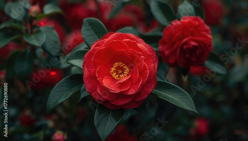 Vibrant Red Camellia Blossom at Peak Bloom