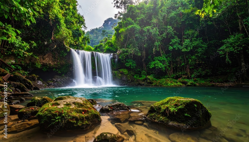 Fototapeta premium Cascading Serenity: The tranquil beauty of a waterfall gracefully descending into a pristine turquoise pool, enveloped by the lush embrace of the forest, showcasing nature's purest form.