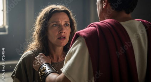 A distressed woman urgently warns a man in ancient roman attire. Dramatic biblical reenactment of Pontius Pilate and his wife's tense conversation