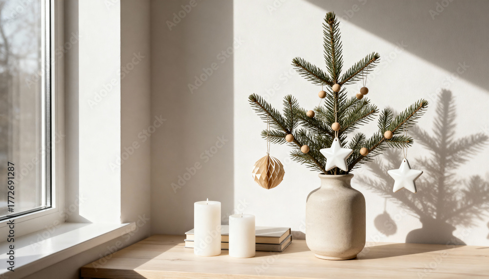 Fototapeta premium Minimalist Christmas decor with small fir tree in vase, white candles, and ornaments on wooden table by sunny window