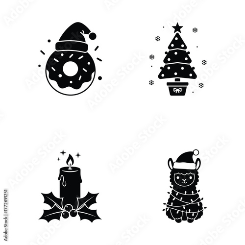 Whimsical Holiday Elements in Monochrome Style Featuring Firewood Campfire Bear and Sleigh for Winter Art Projects and Greeting Cards