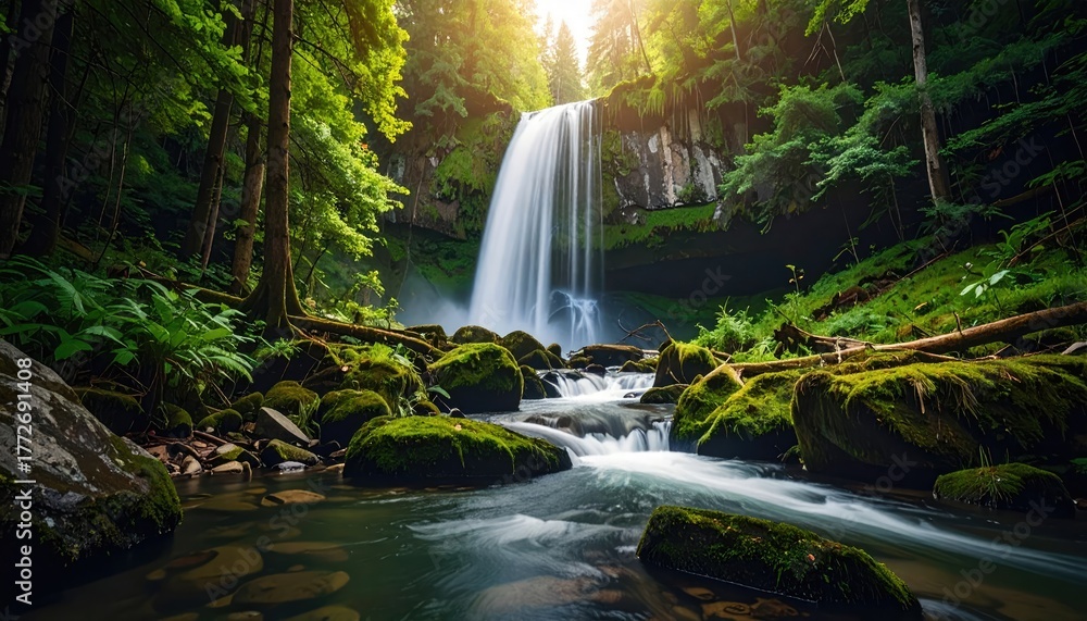 Fototapeta premium Serene Waterfall in Forest: The cascading water plunges over rugged rocks into the tranquil pool, amidst lush greenery and towering trees. Sunlight filters through the canopy.