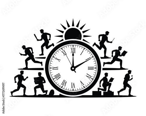Silhouettes of people running around a large clock face with a sunburst behind it symbolizing urgency and time management