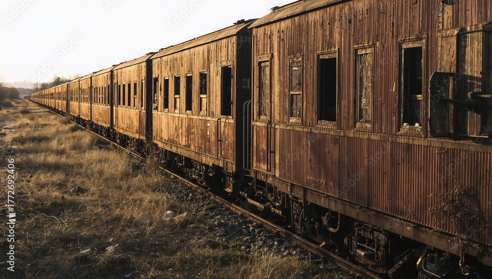 Obraz premium An old and dilapidated train car stands adjacent to the corroded iron tracks, erosion risk