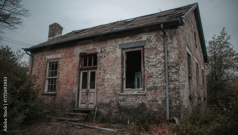 Obraz premium Abandoned brick building with broken windows, urban decay