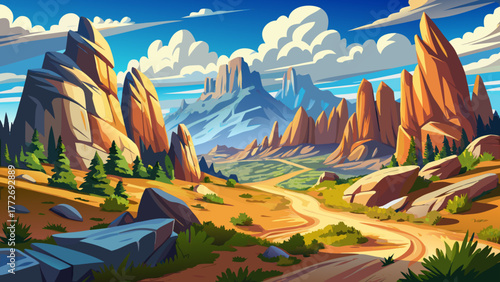 Very beautiful panoramic view of the hiking trail through the Little City of Rocks near Gooding, Idaho, USA, featuring rugged rock formations, desert landscape, and clear blue skies under bright sunli