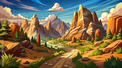 Very beautiful panoramic view of the hiking trail through the Little City of Rocks near Gooding, Idaho, USA, featuring rugged rock formations, desert landscape, and clear blue skies under bright sunli