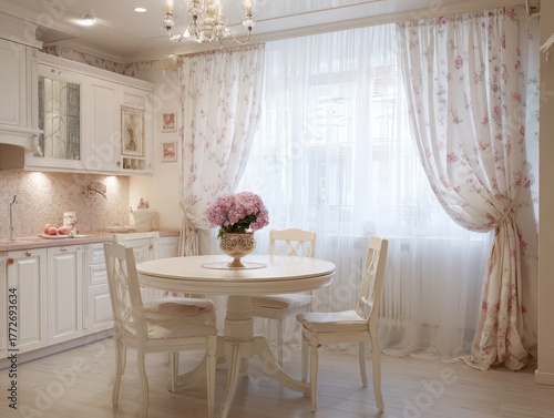 Bright and Elegant Kitchen with Floral Curtains and Dining Table