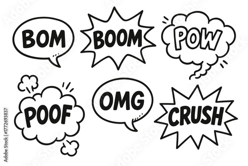 Comic book sound effects in black and white speech bubbles  