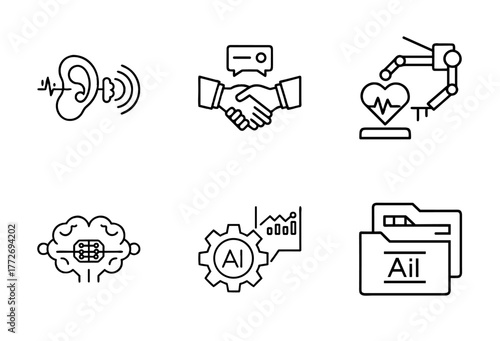 Line art icons representing AI concepts and technology applications  