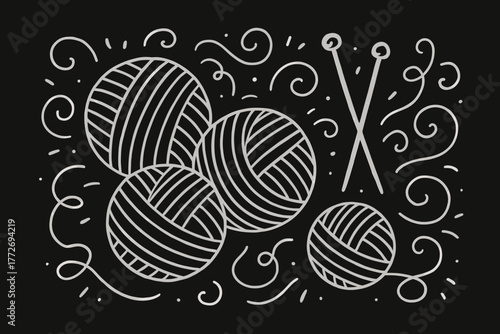 Yarn balls and knitting needles in a whimsical illustration design  