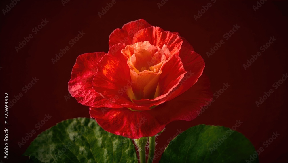 Naklejka premium Scarlet begonia set against a crimson backdrop. (Begonia spp.)
