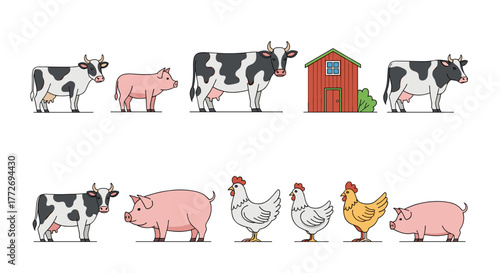Farm animals vector illustration featuring cows pigs and chickens with a barn in the countryside farmyard scene
