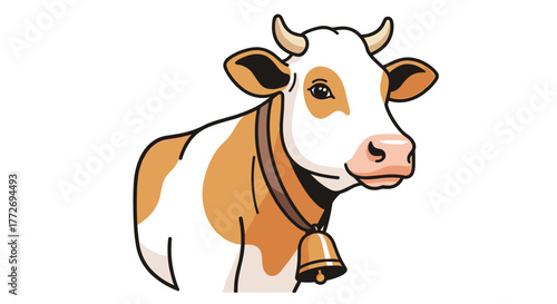 Cartoon illustration of a brown and white dairy cow with bell for farm animal education and livestock art design