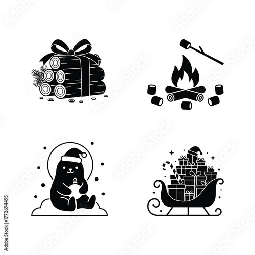 Whimsical Christmas Elements in Monochrome Style Featuring Cute Donut Tree Candle and Llama for Holiday Art Projects and Cards