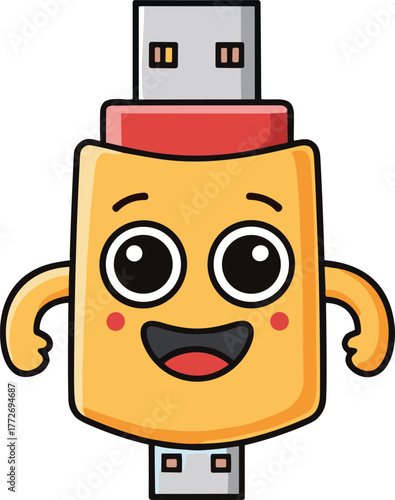 Cartoon USB flash drive character illustration with smiling face, expressive eyes, cheerful design, digital storage device, playful technology concept art