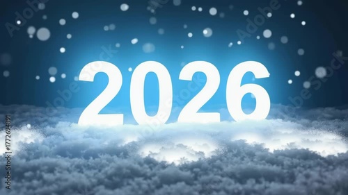  Illuminated 2026 numbers glowing on snowy surface with falling bokeh lights. Festive winter animation symbolizing New Year, Christmas celebration and holiday season.