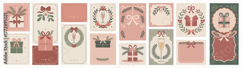 Christmas Gift and Wreath Design Set with Ribbons and Holiday Greetings
