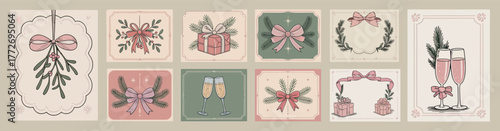 Christmas Gift and Wreath Design Set with Ribbons and Holiday Greetings
