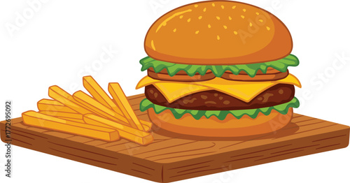 Appetizing cartoon illustration of a classic cheeseburger with melted cheese, fresh lettuce, and crispy golden french fries, presented on a wooden serving board