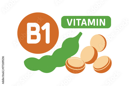 Illustration of vitamin b1 with soybeans and a green pod on a white background