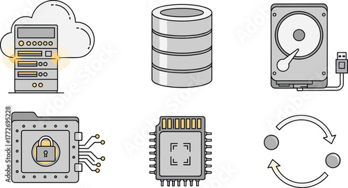 Cloud server database storage illustration with secure microchip, hard disk, processor, synchronization cycle, technology infrastructure, data protection, computing system, cybersecurity