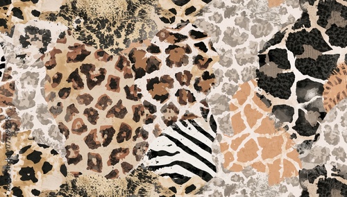 Continuous wildlife patterns featuring leopard, giraffe, zebra, and snake designs