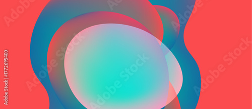 Abstract fluid shapes blend, creating vibrant color gradients. Turquoise, coral, blue layers overlap, forming organic forms. Smooth transitions dominate composition.