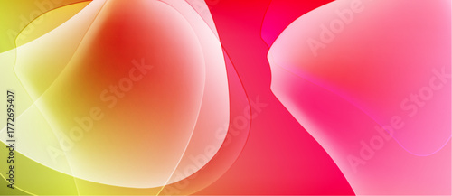 Abstract colorful shapes overlap. Yellow, orange, red hues blend smoothly creating soft gradients. Modern design, vibrant, fluid forms.