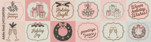 Christmas Gift and Wreath Design Set with Ribbons and Holiday Greetings