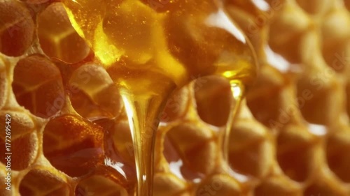 honeycomb macro shot, dripping honey, backlit golden color