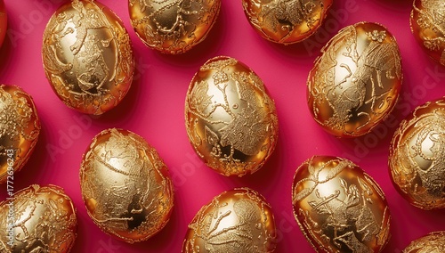 Easter eggs in gold paint on a vibrant pink backdrop, seasonal celebration