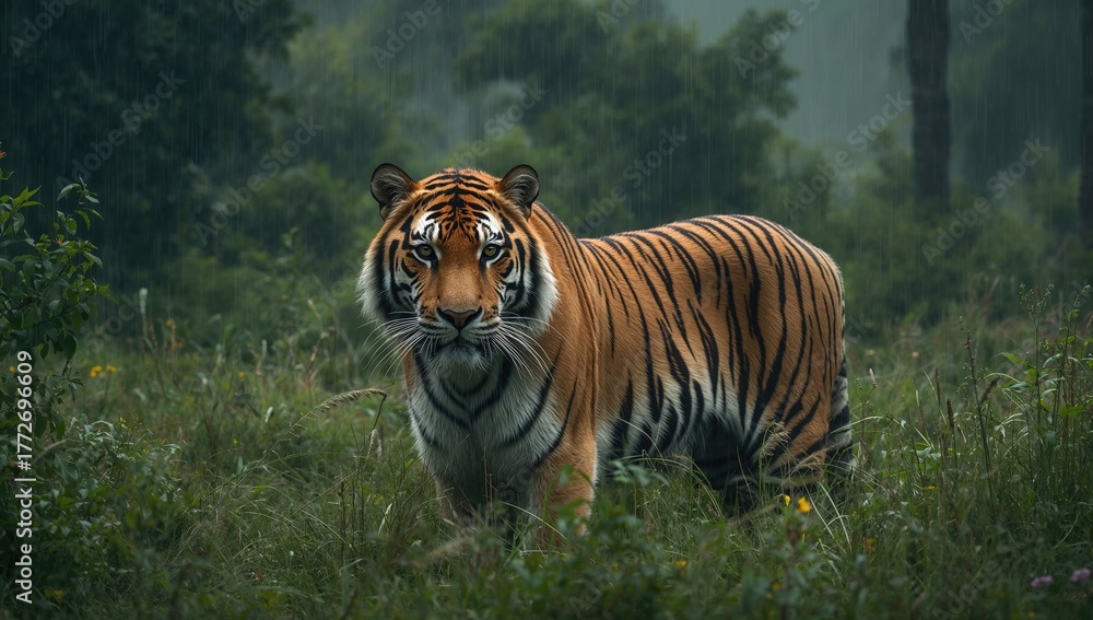 Obraz premium Wild big cat in its natural environment, endangered species in the forest during seasonal change.
