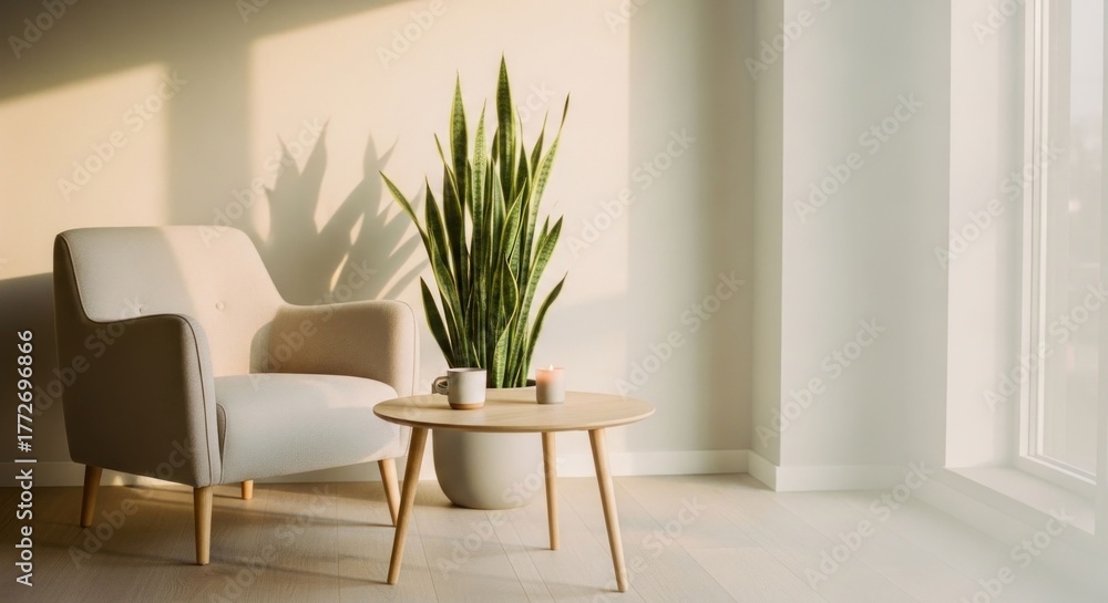 Fototapeta premium Cozy, sunlit room with armchair, plant, and wooden side table