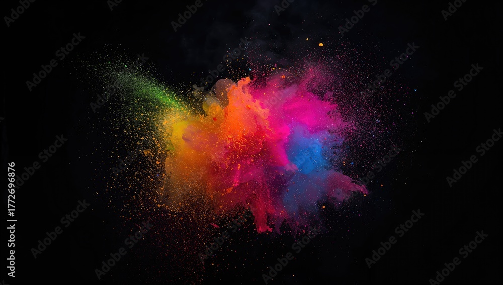 Obraz premium Colored powder bursts against a dark backdrop, dynamic texture for visual impact