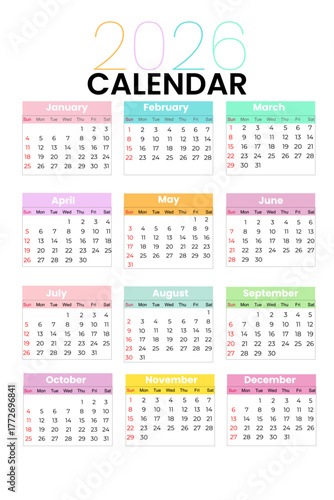 Colorful 2026 Calendar Template with Monthly Layout 